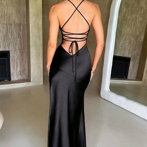 Black Party Women's V-Neck High Slit Cami Dress Long Maxi Dress - Picture 2 of 4